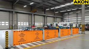 Industrial retractable barriers guiding movement and restricting access across a large warehouse floor