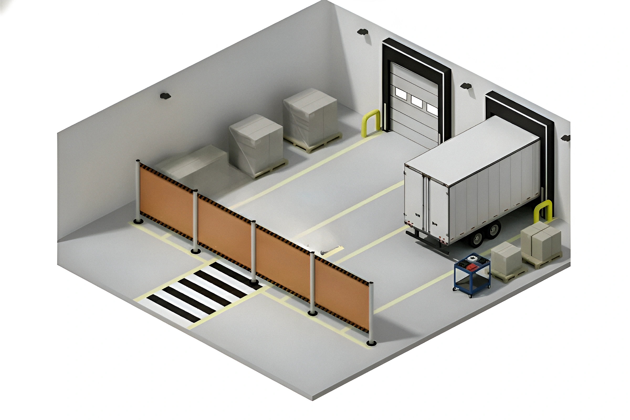 Isometric view of a warehouse aisle blocked off with a temporary retractable barrier