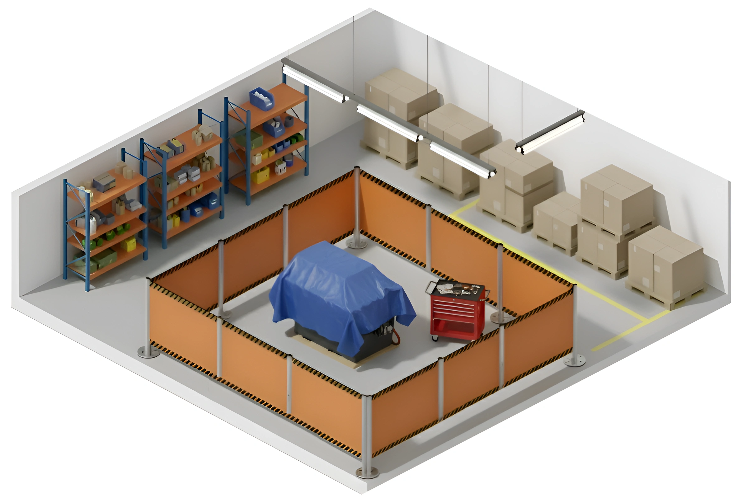 Isometric warehouse illustration showing a temporary work zone secured with industrial retractable barriers around equipment