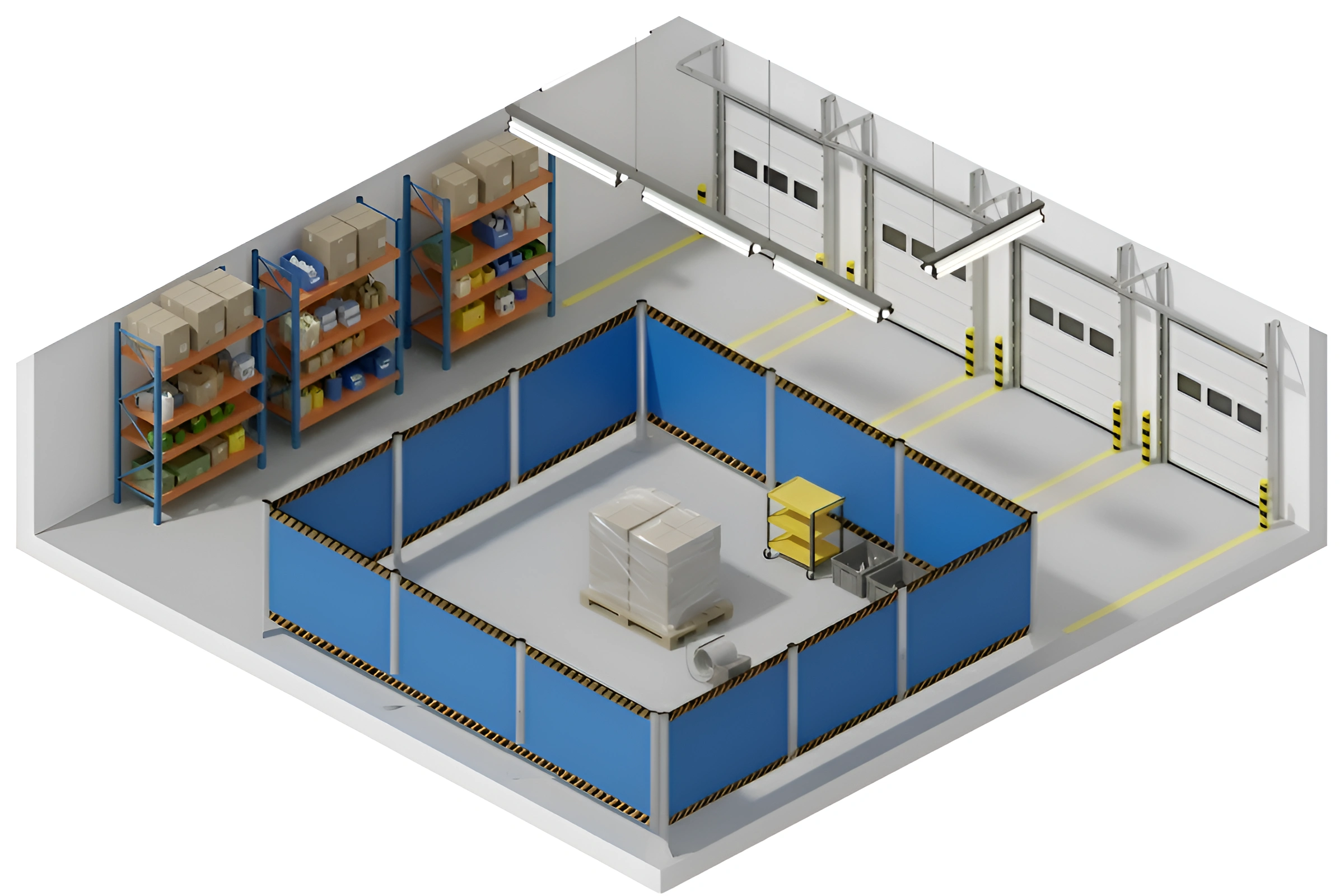 Isometric warehouse layout showing a retractable barrier enclosure used to secure a temporary work zone near storage racks and dock door