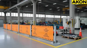 Portable industrial retractable barriers creating a temporary exclusion zone inside a manufacturing warehouse