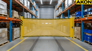 Portable warehouse retractable barrier creating a temporary containment area on an open production floors