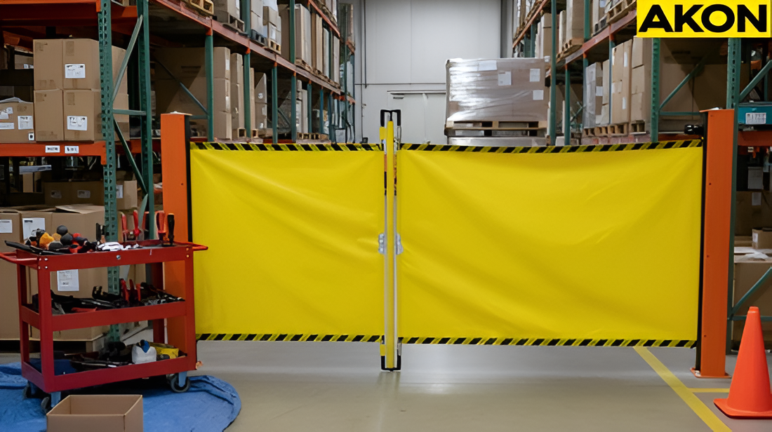 Retractable barrier deployed to restrict access in a warehouse aisle