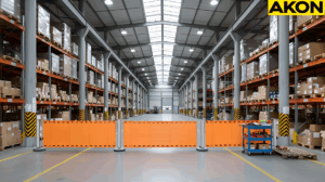 Retractable safety barrier closing a warehouse aisle during active operations