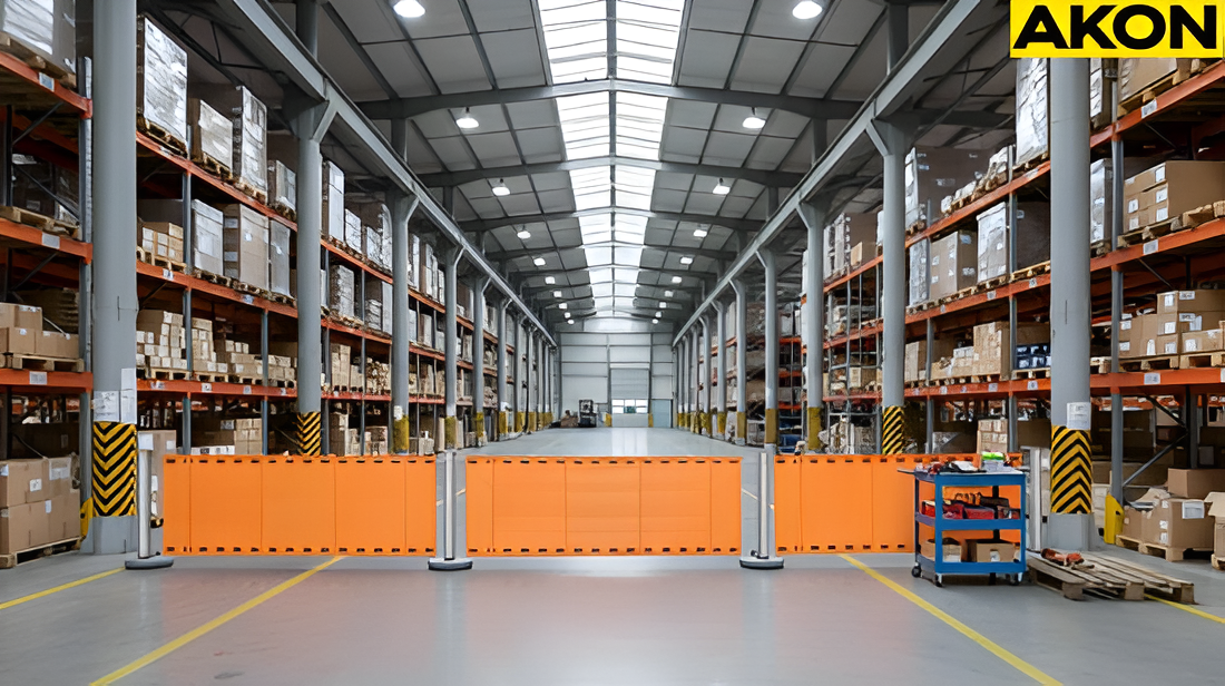Retractable safety barrier closing a warehouse aisle during active operations