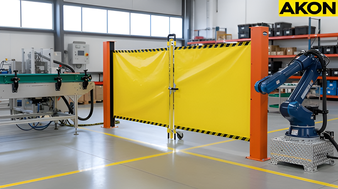 Retractable warehouse barrier deployed across an aisle to restrict access during short term operational change