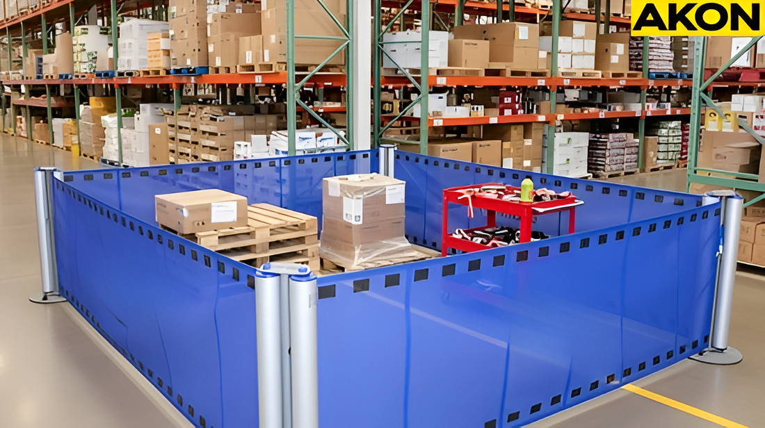 Temporary warehouse work area enclosed using a retractable barrier system