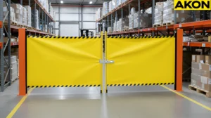 Wall mounted industrial retractable barrier creating a clear safety boundary in a warehouse aisle