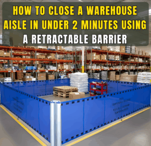 A retractable barrier stretched across a warehouse aisle to close off a temporary work zone from forklift and foot traffic.