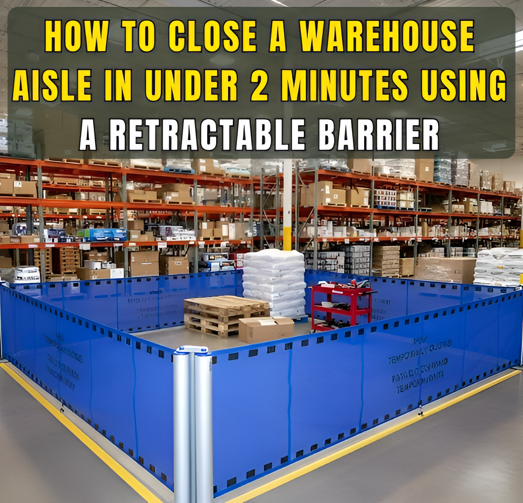 Warehouse aisle closed using a retractable barrier to isolate a temporary work zone
