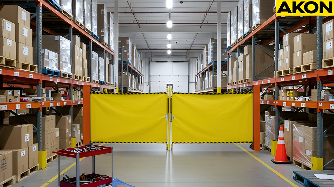 Warehouse aisle temporarily closed with a high-visibility retractable barrier