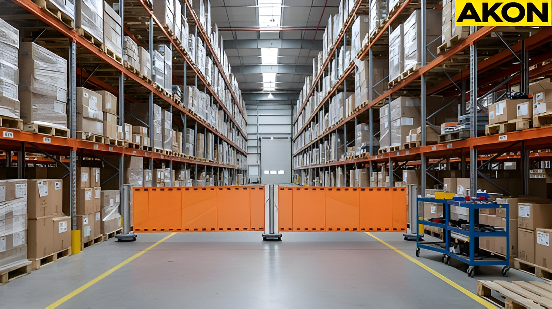 Warehouse dock entrance temporarily blocked with a retractable barrier