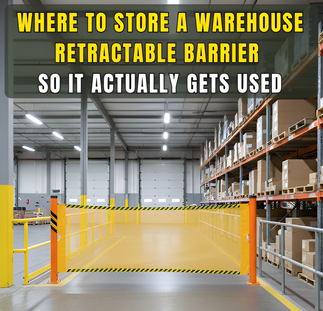 Warehouse retractable barrier installed across an aisle illustrating where to store barriers so they are easy to use when hazards appears