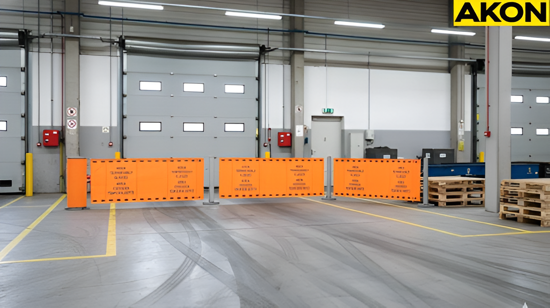 Warehouse retractable barrier system forming a controlled zone around palletized materials on the warehouse floors