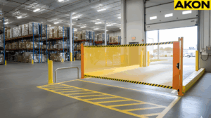Wide warehouse aisle secured using a retractable safety barrier