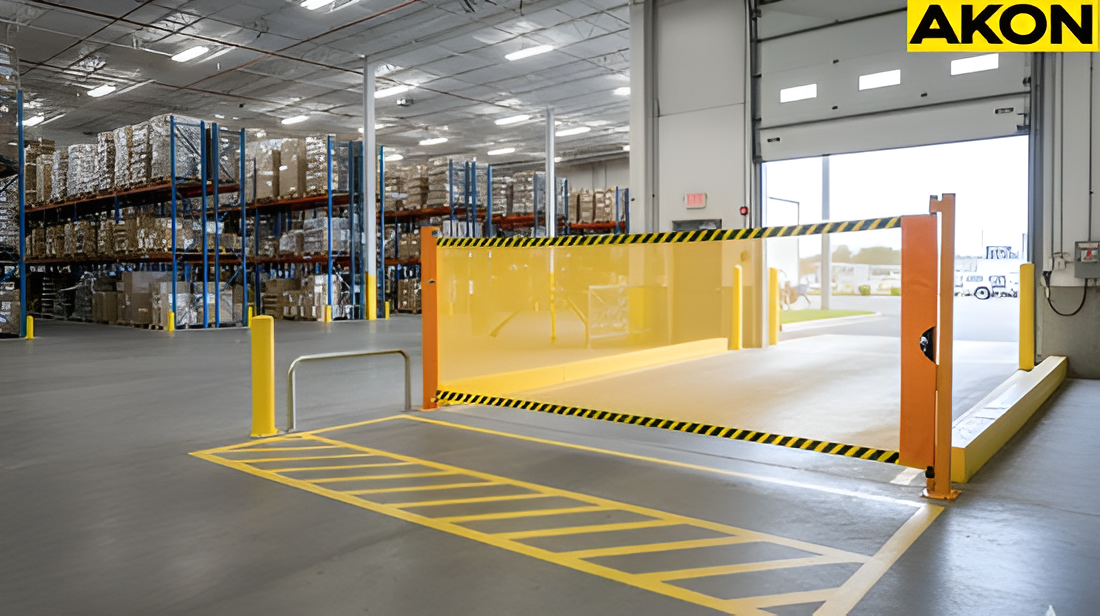 Wide warehouse aisle secured using a retractable safety barrier