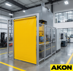 Heavy duty industrial roll up guard used to protect doorways and openings in a warehouse or manufacturing facility.