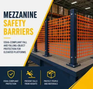 Perimeter safety barrier installed along the edge of a warehouse mezzanine level to prevent falls.