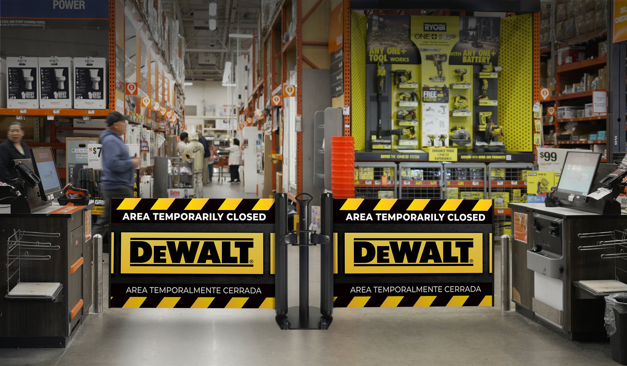 SB4500 skirting barrier shown in a dual full-color configuration, illustrating a real-world industrial or commercial application.