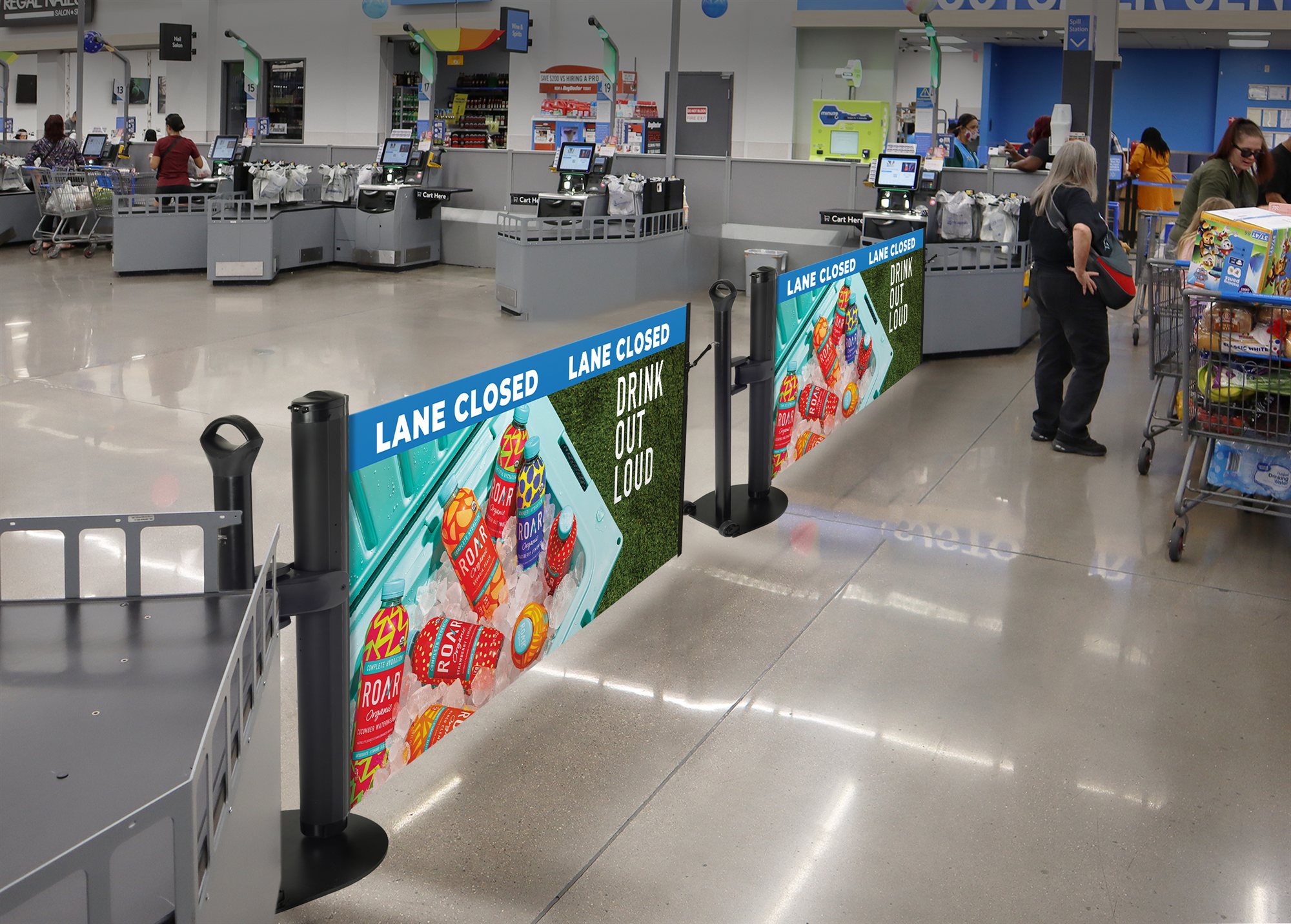 A single custom roar hook skirting barrier installed at a Walmart checkout register lane.